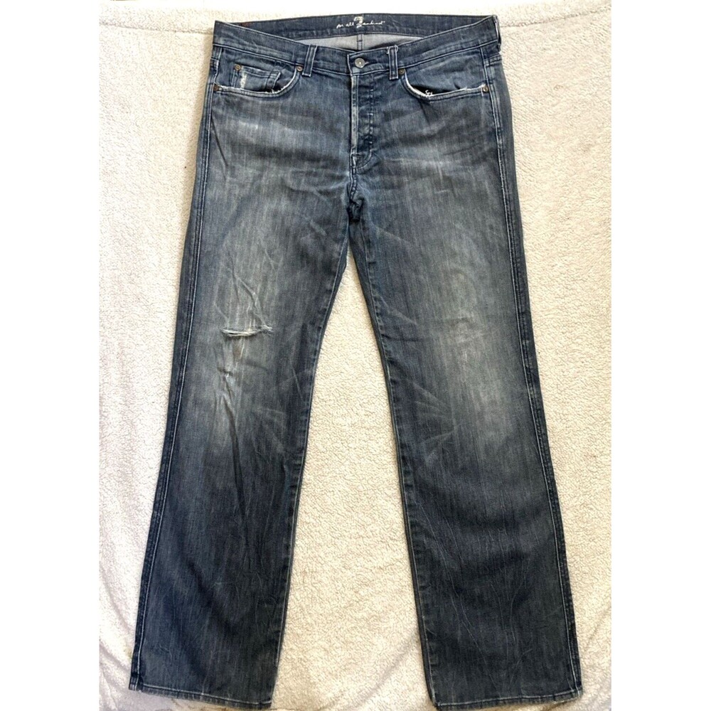 7 For All Mankind Jeans Mens 37 x 33 med wash Straight Distressed Stretch Denim